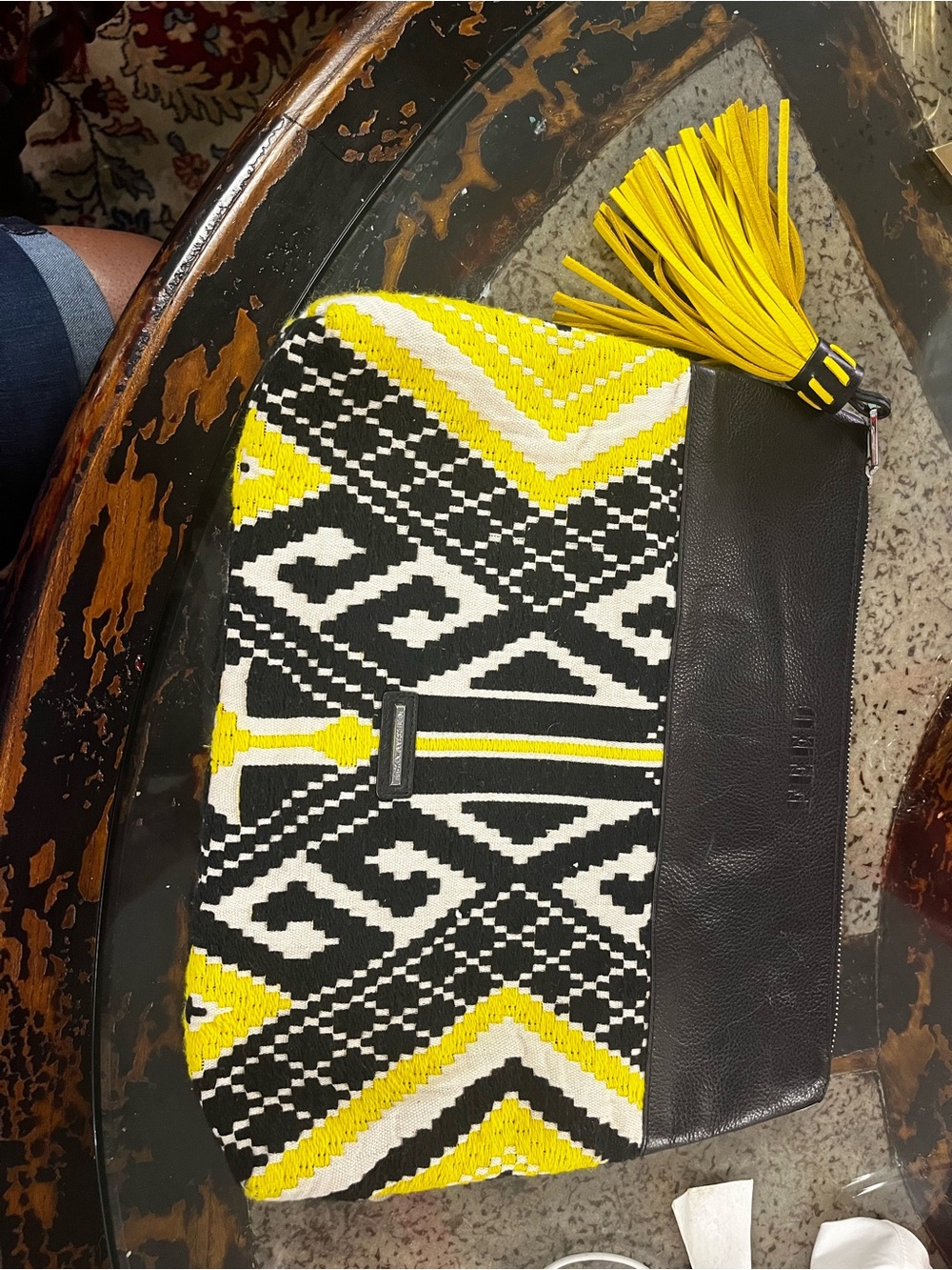 Woven Black, White & Yellow Geometric Clutch with Tassel